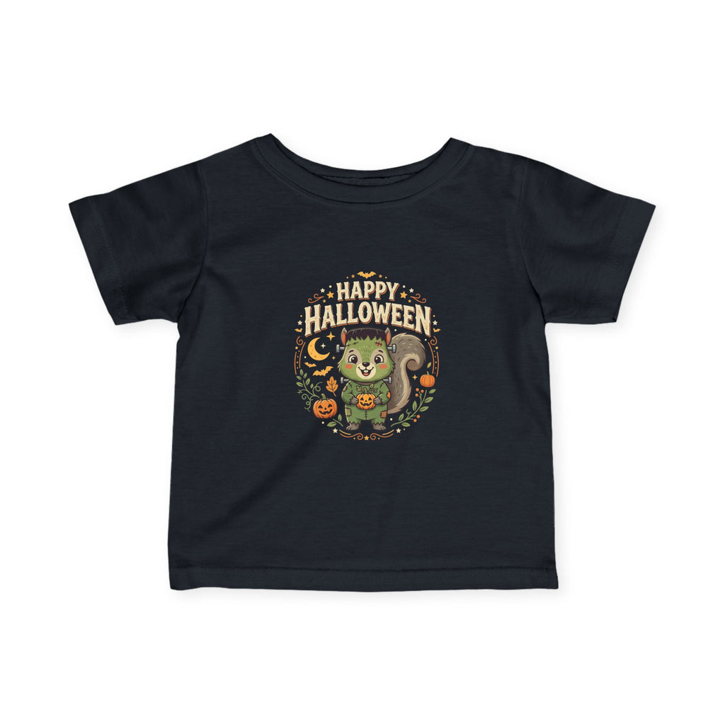 Infant Halloween Tee – Cute Frankenstein Squirrel "Happy Halloween" Baby Shirt
