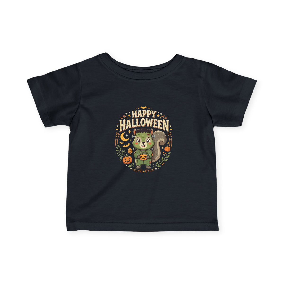 Infant Halloween Tee – Cute Frankenstein Squirrel "Happy Halloween" Baby Shirt