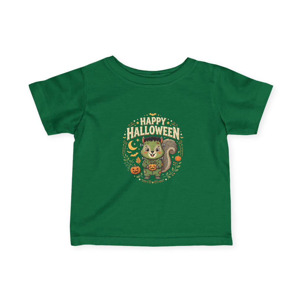 Infant Halloween Tee – Cute Frankenstein Squirrel "Happy Halloween" Baby Shirt