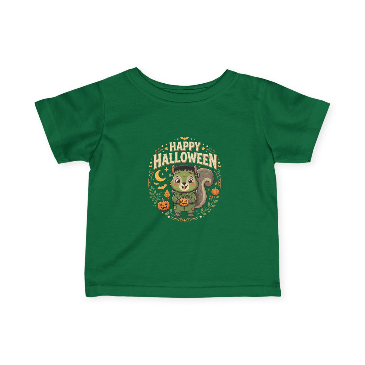 Infant Halloween Tee – Cute Frankenstein Squirrel "Happy Halloween" Baby Shirt