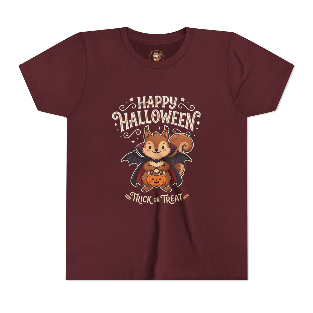 Youth Halloween Tee — Cute Squirrel Vampire Bat Trick-or-Treat T-Shirt