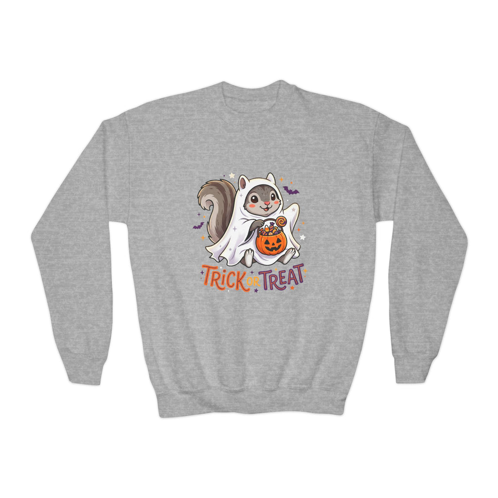 Halloween “Trick or Treat” Youth Crewneck Sweatshirt – Cute Ghost Squirrel "Trick or Treat"