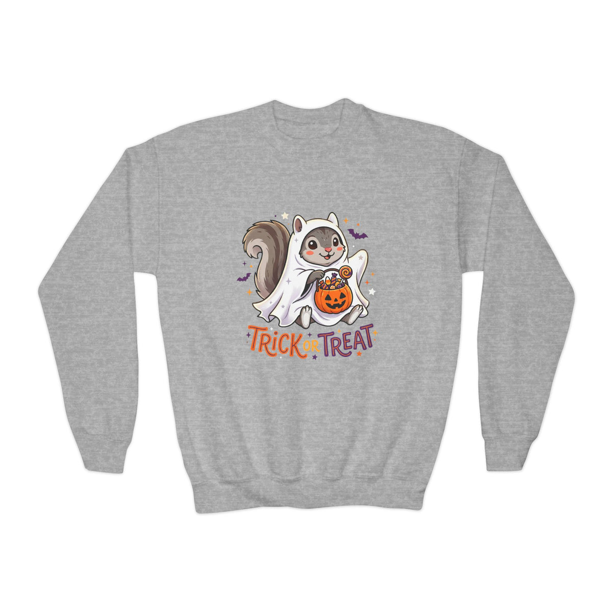 Halloween “Trick or Treat” Youth Crewneck Sweatshirt – Cute Ghost Squirrel "Trick or Treat"