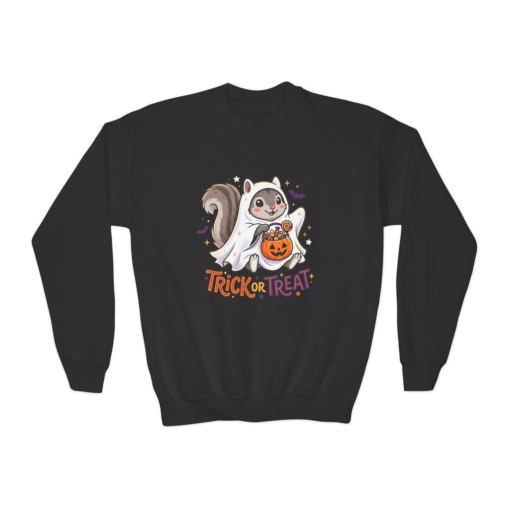 Halloween “Trick or Treat” Youth Crewneck Sweatshirt – Cute Ghost Squirrel "Trick or Treat"