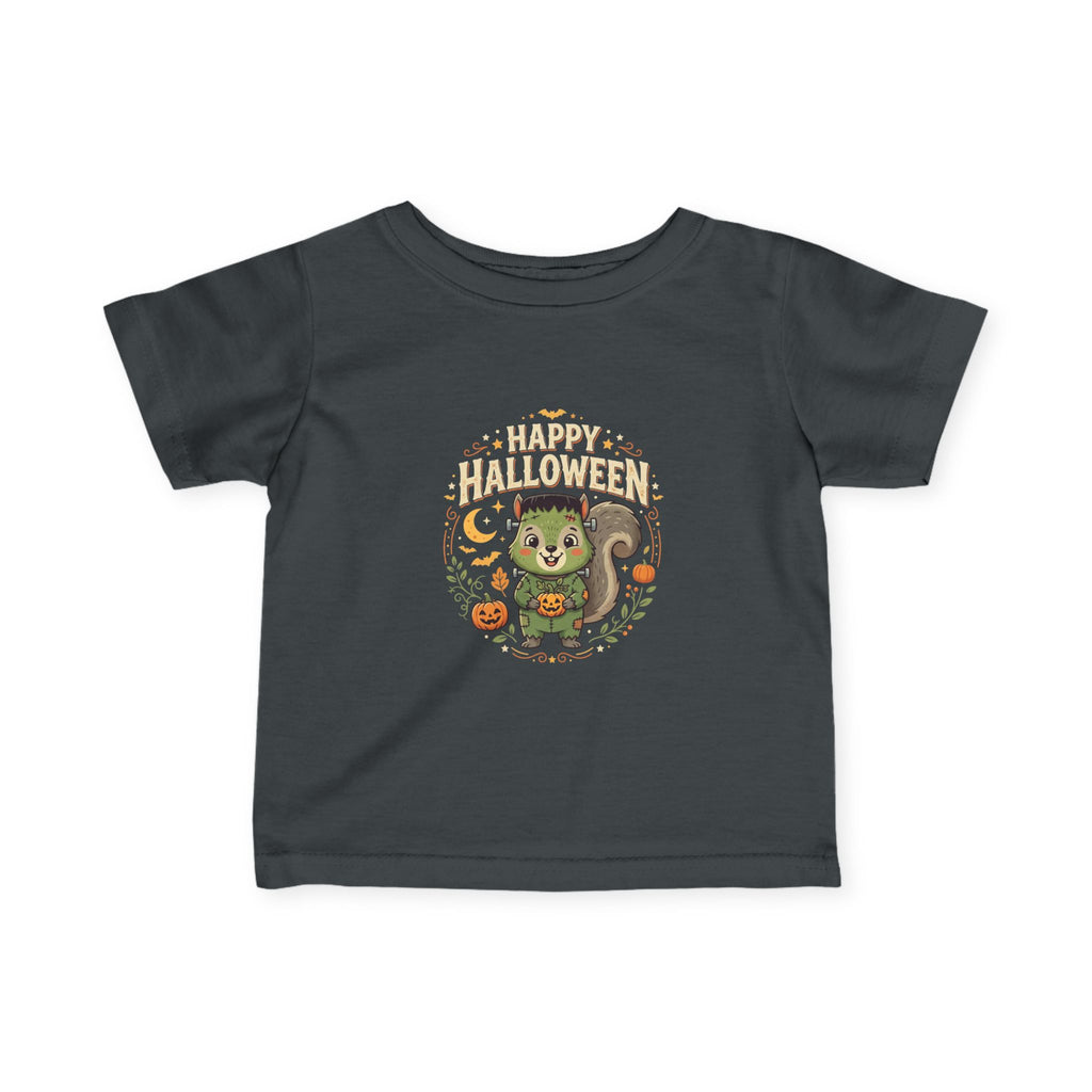 Infant Halloween Tee – Cute Frankenstein Squirrel "Happy Halloween" Baby Shirt