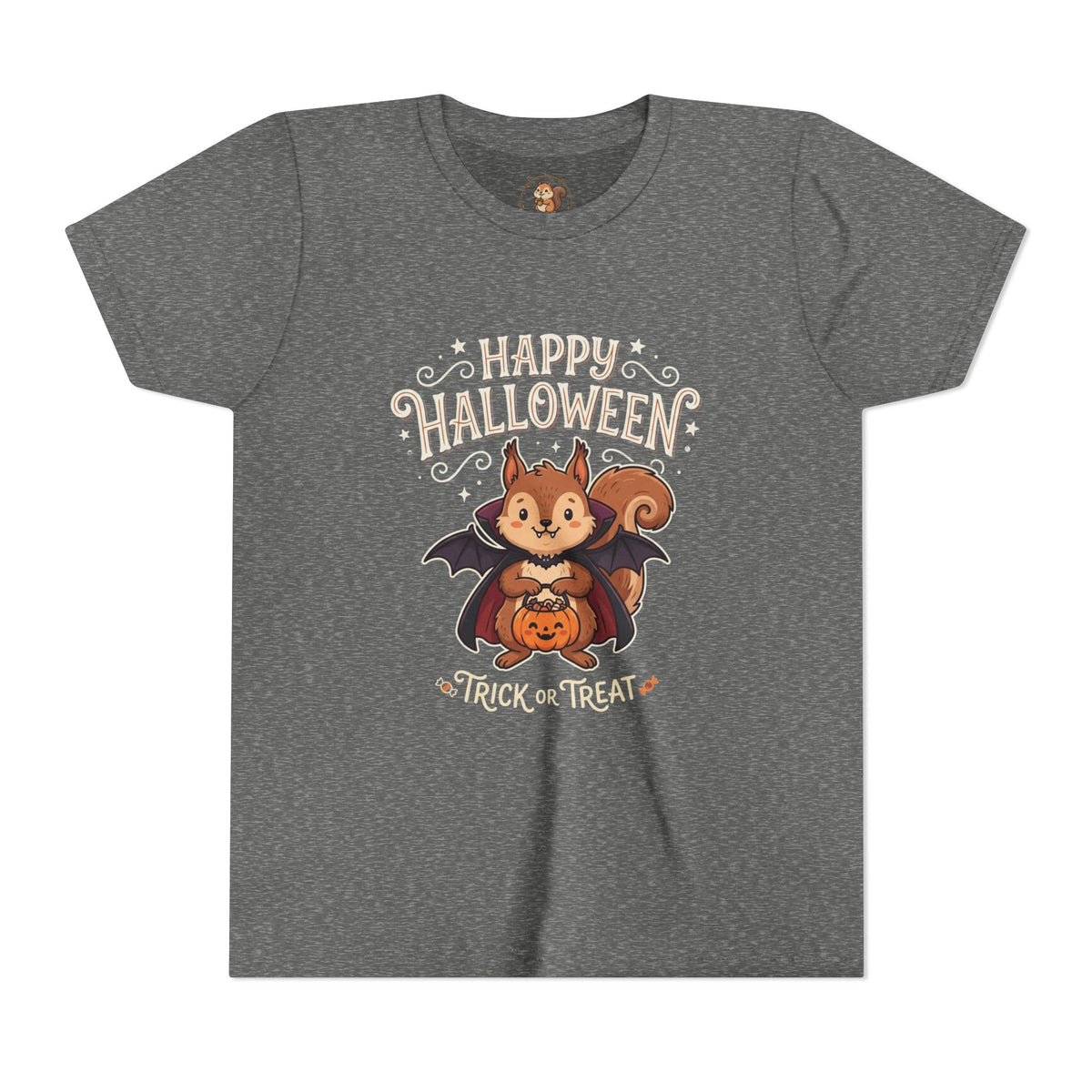 Youth Halloween Tee — Cute Squirrel Vampire Bat Trick-or-Treat T-Shirt